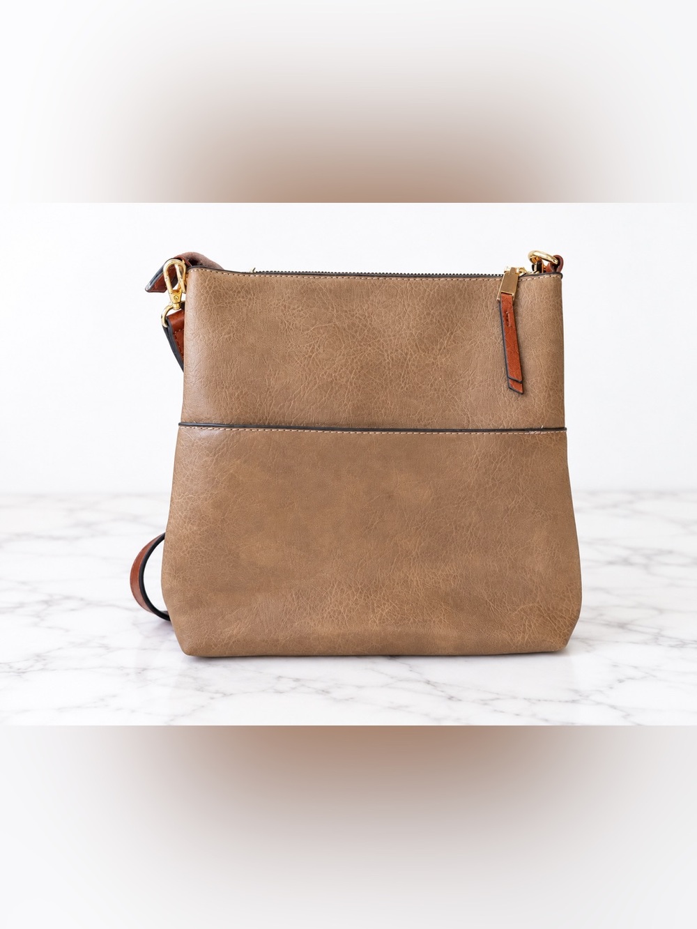 Classic Taupe Crossbody Bag with Brown Strap
